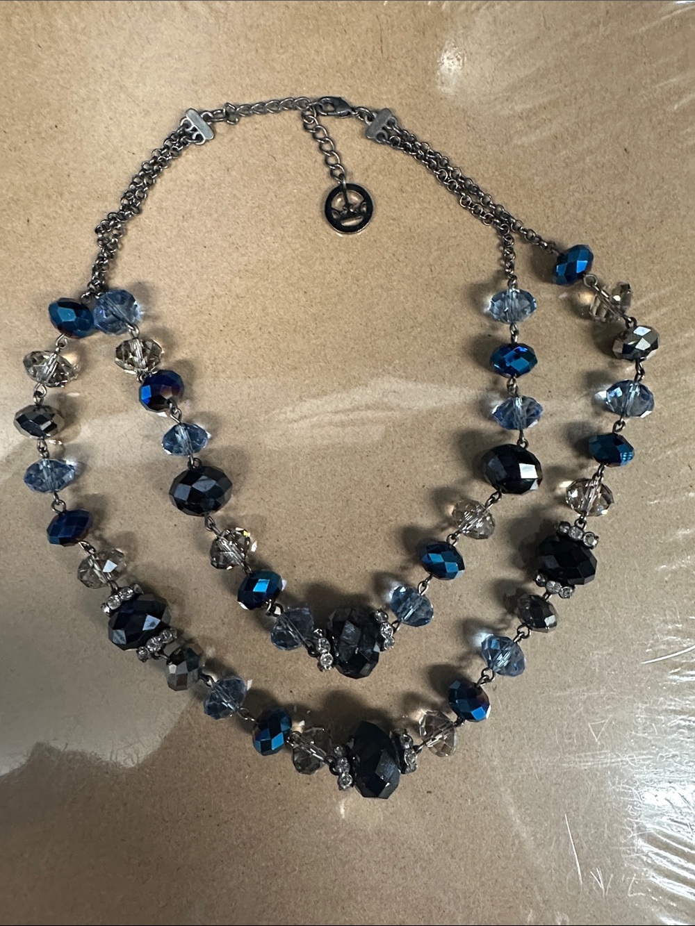 Crown Trifari Double Strand Faceted Bead Necklace in Blue and Silver